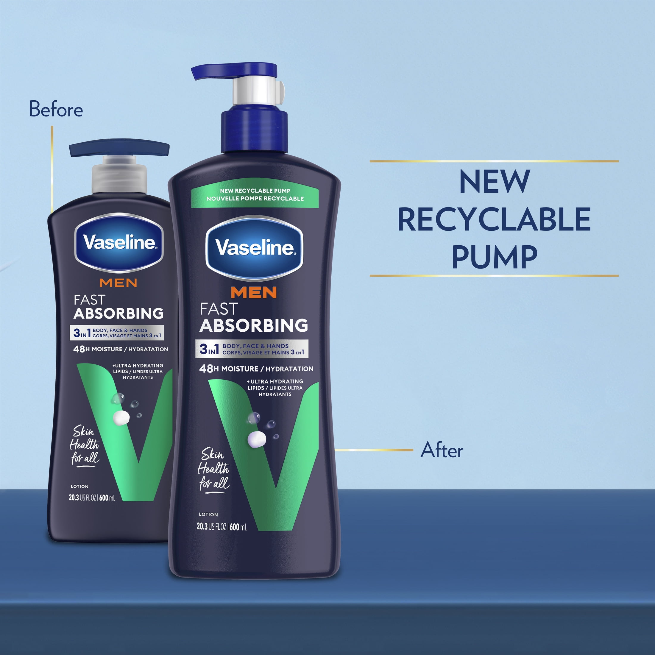 (4 pack) Vaseline Men Fast Absorbing 3-in-1 Face, Hands & Body Lotion for Men Dry Skin, 20.3 oz