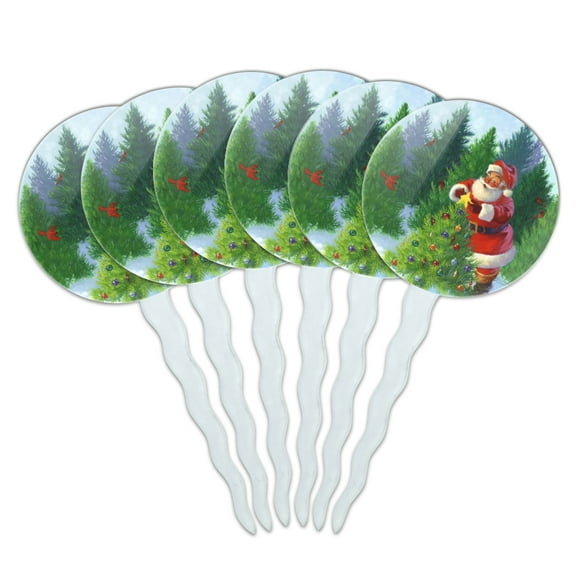 Christmas Holiday Santa Claus Trees Cupcake Picks Toppers Decoration Set of 6