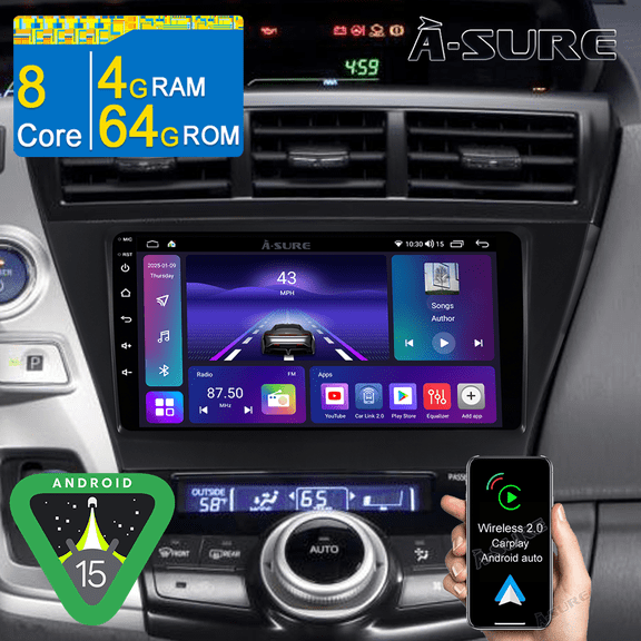 8 Core 4 64GB Car Stereo for Toyota Prius V 2011-2017, 9" Android 15 CarPlay Radio with Backup Camera/GPS Navi/Wi-Fi/BT 5.0/DSP/1280HD