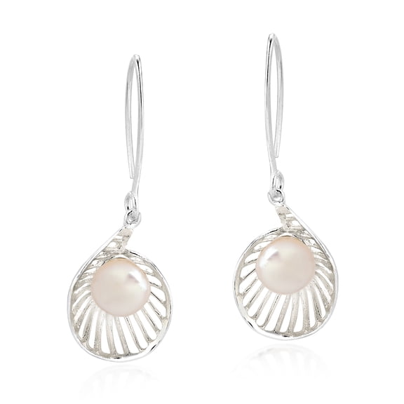 Elegant Pearl in a Seashell Sterling Silver Dangle Earrings