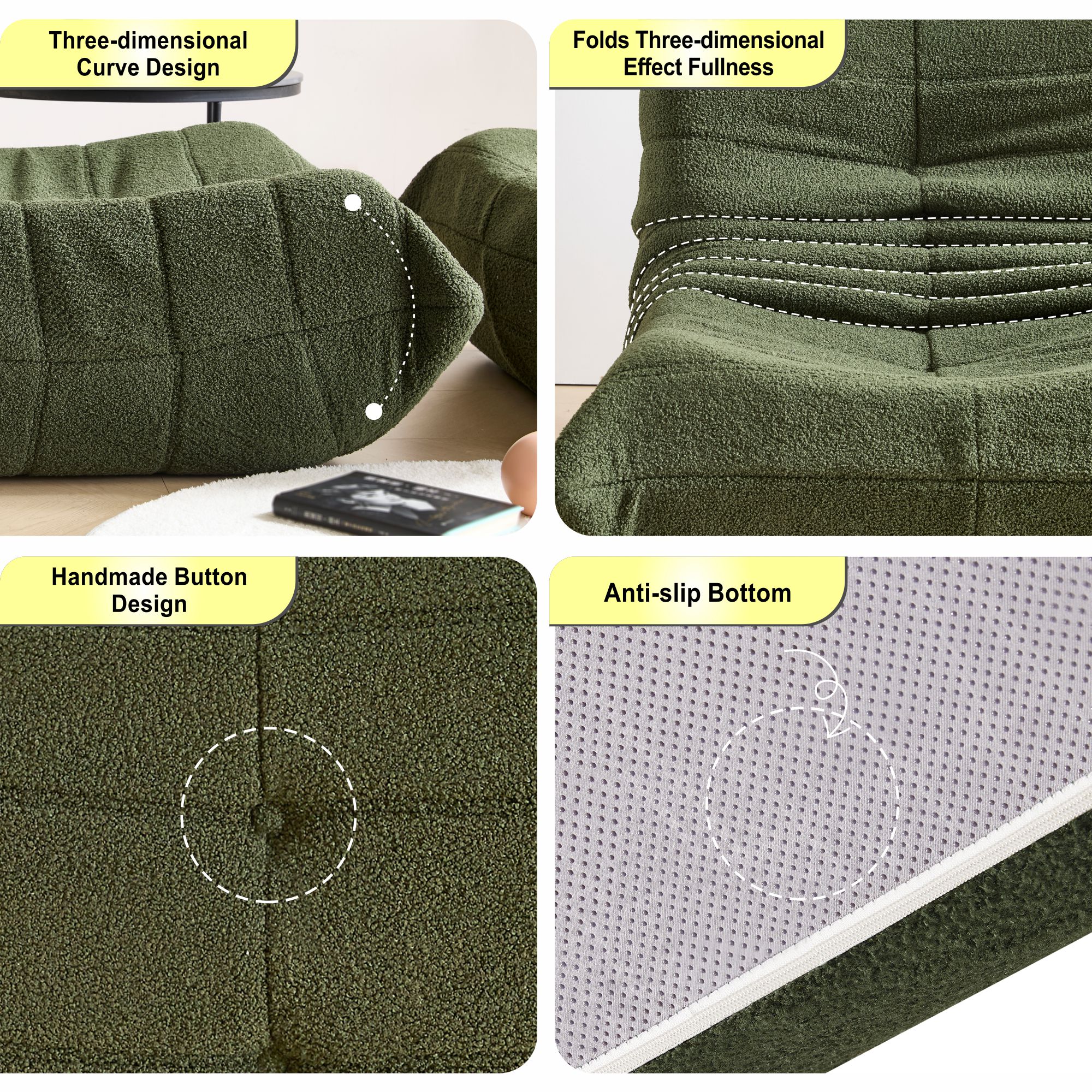 Evita Teddy Fabric Green Bean Bag Chair with Ottoman, Memory Foam Lounge Chair for Adults, Ergonomic Floor Seating Sofa for Living Room or Bedroom