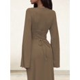 thumbnail image 2 of Wedding Guest Dress for Women Long Sleeve Bodycon Ribbed Knit Maxi Dress Fall Formal Dresses Khaki S, 2 of 7
