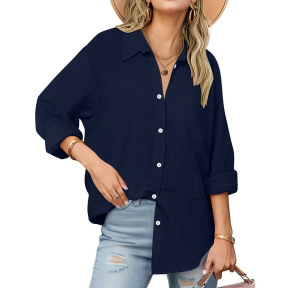 Juslio Blouses for Women Long Sleeve Shirts Button Tops V Neck Casual Blouses Blue L