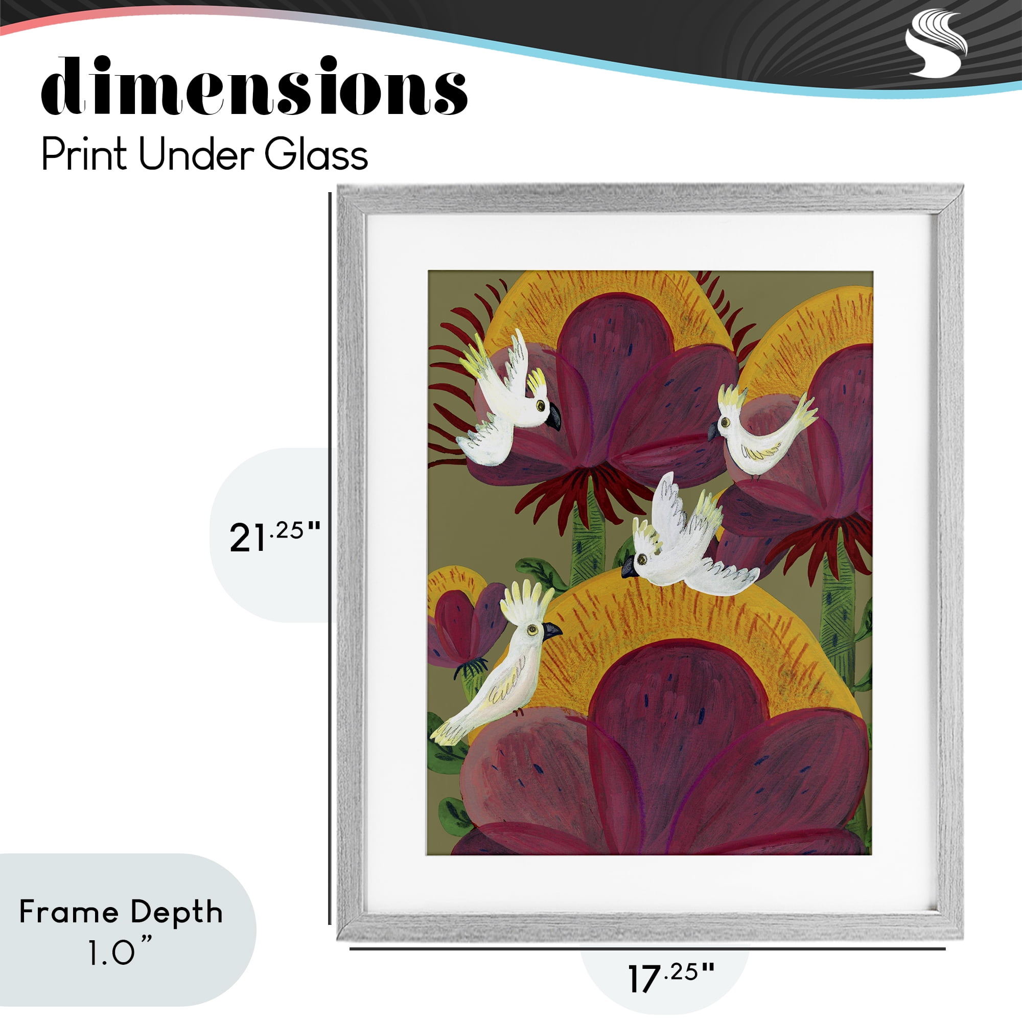Stupell Industries Tropical Cockatoos & Plants Gray Framed Print Under Glass, design by Kay Widdowson