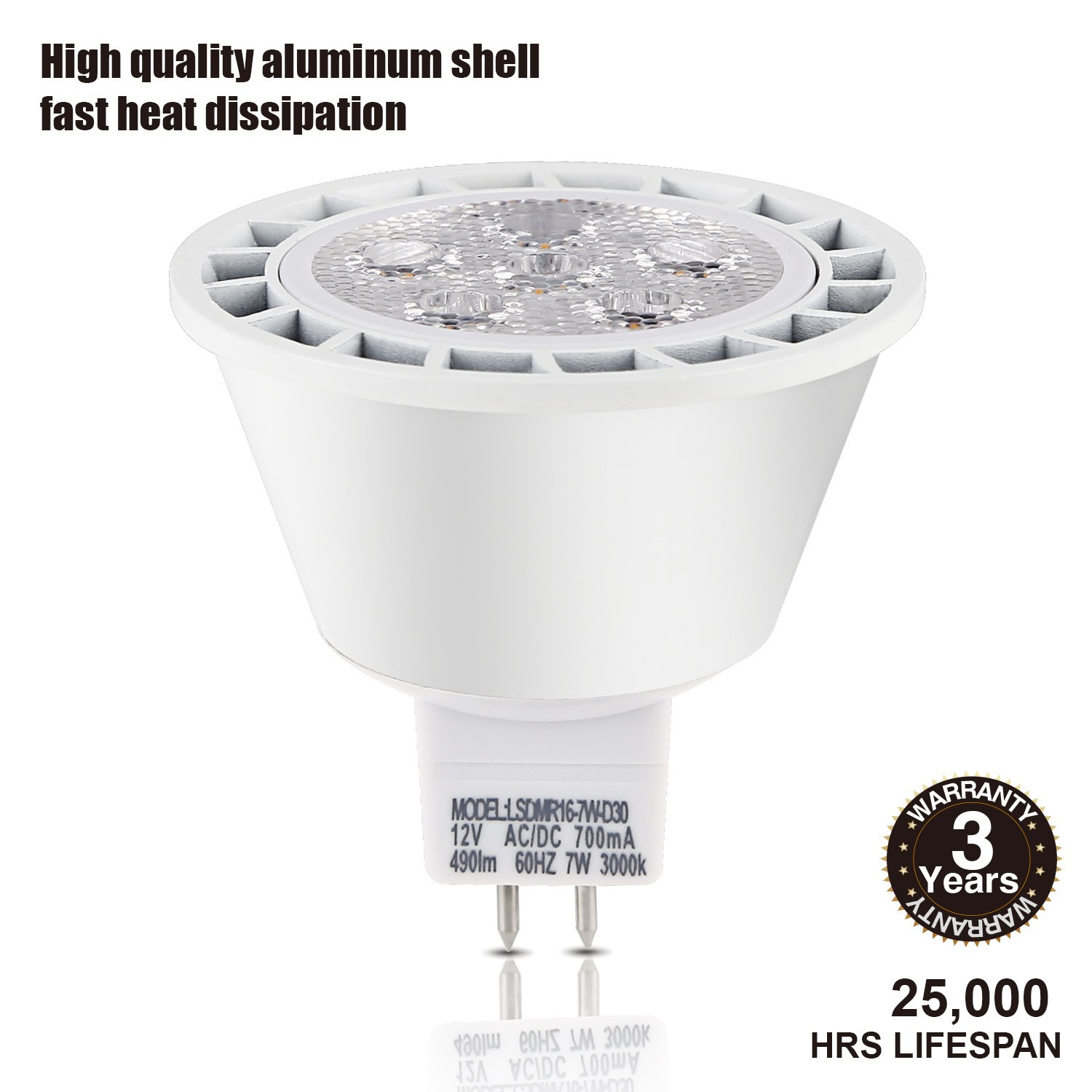 MR16 LED Bulb 50W Equivalent, 12V Low Volt, 3000K Warm White, Dimmable, GU5.3 LED Spotlight Bulb, 490LM 7W, UL & Energy Star Listed, for Recessed and Track Lighting, Pack of 18