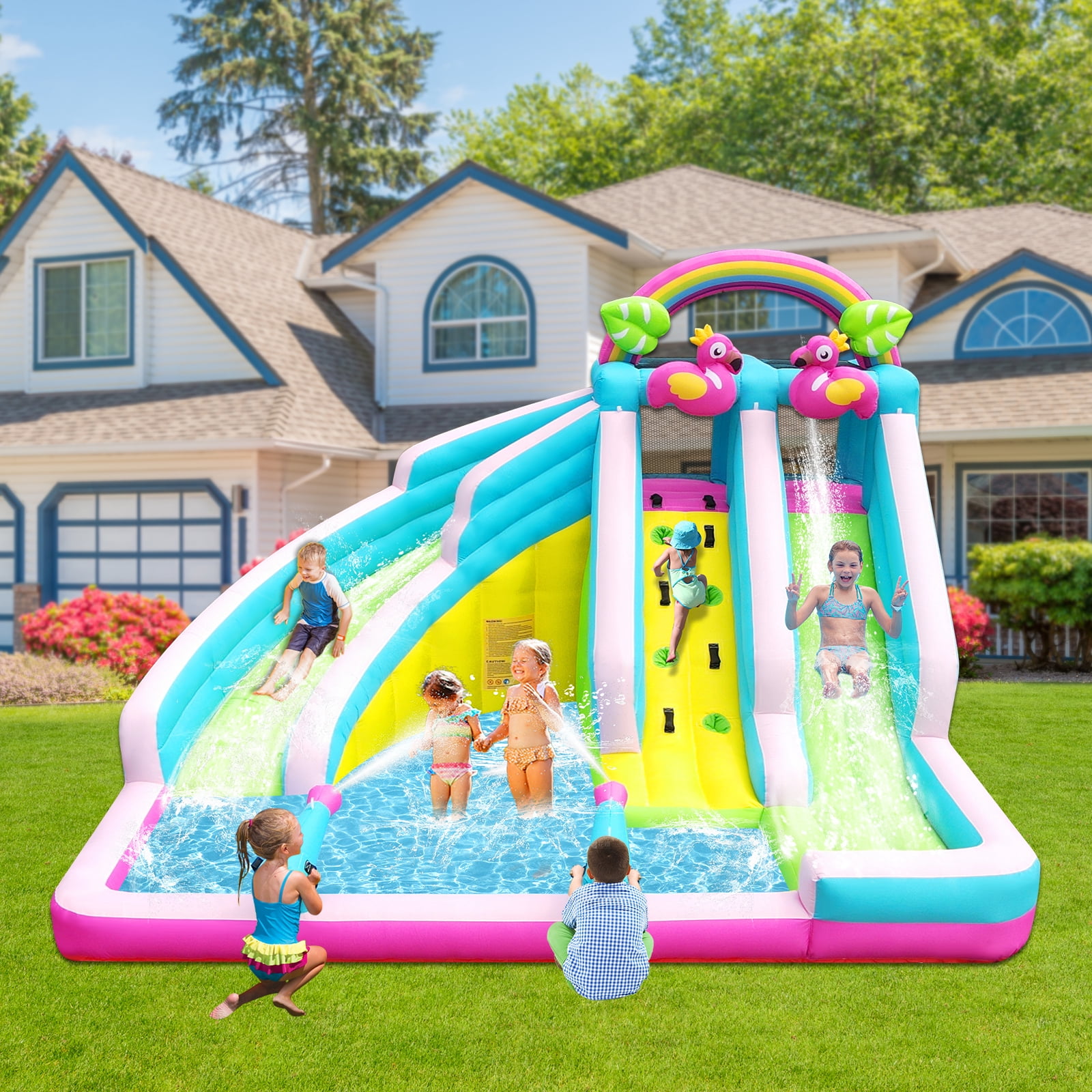 HEMOPOW 6-in-1 Inflatable Flamingo Water Park: Double Slides, Bounce & Splash Pool for Indoor/Outdoor Kids Ages 3-10