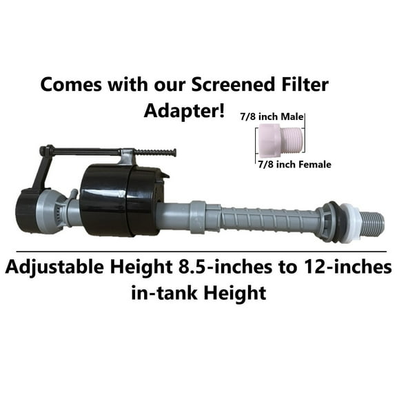 Universal 7/8-inch Bottom Water Fed Toilet Fill Valve with Adjustable Height 8.5-inches to 12-inches and Filtered Screen Adapter for Hard Water