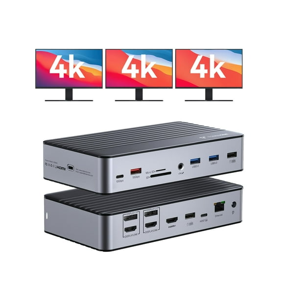 TobenONE DisplayLink Docking Station 3 Monitors with 3 HDMI(4K@60Hz), USB C Docking Station with 120W Charger, for MacBook Pro/Air, Thunderbolt 4/3, USB-C Windows(2 DP,
