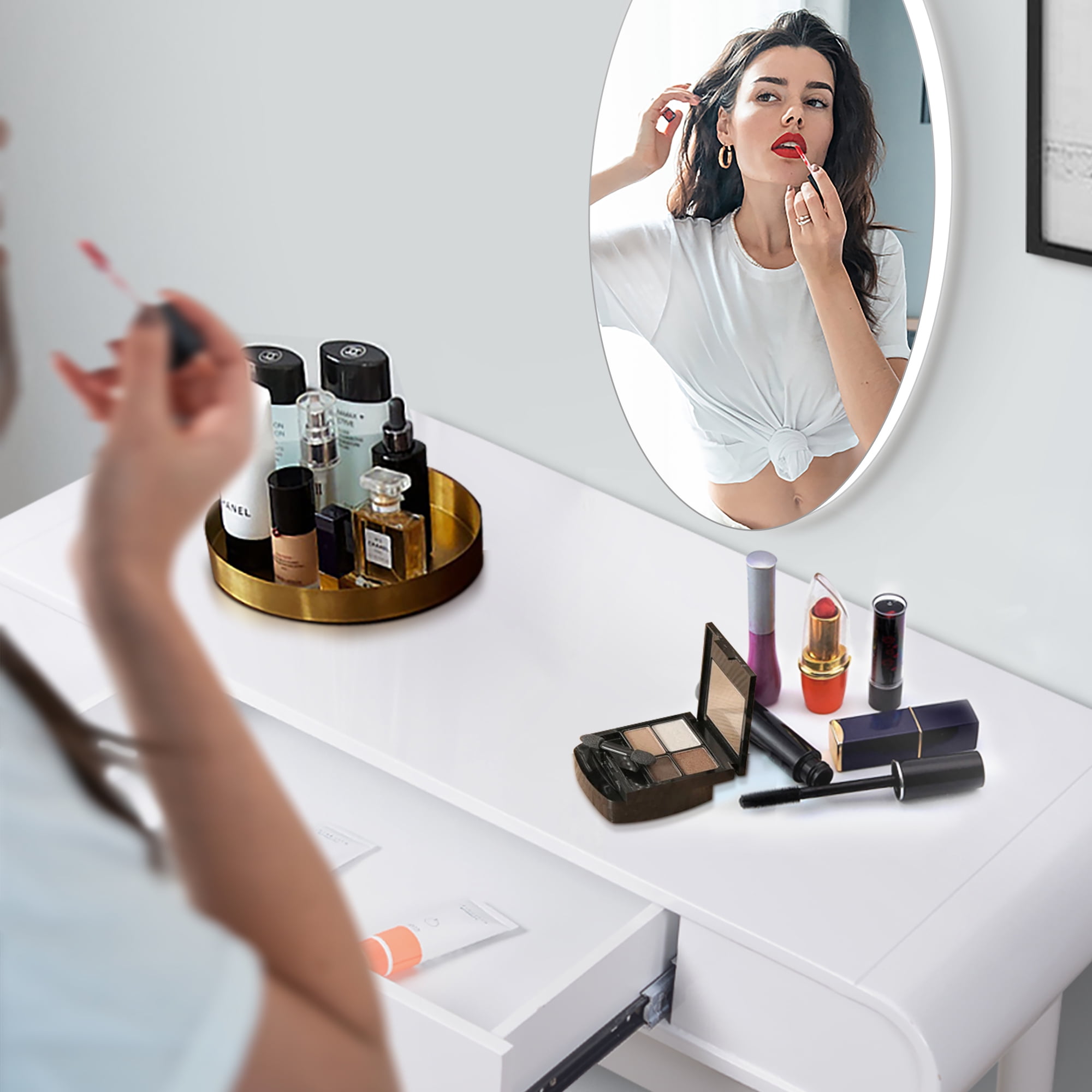 Spaco Oval Makeup Table with Mirror for Bedroom, High Gloss Finish Dressing Table with Solid Stool, White Spaco Oval Makeup Table with Mirror for Bedroom, High Gloss Finish Dressing Table with Solid Stool, White
