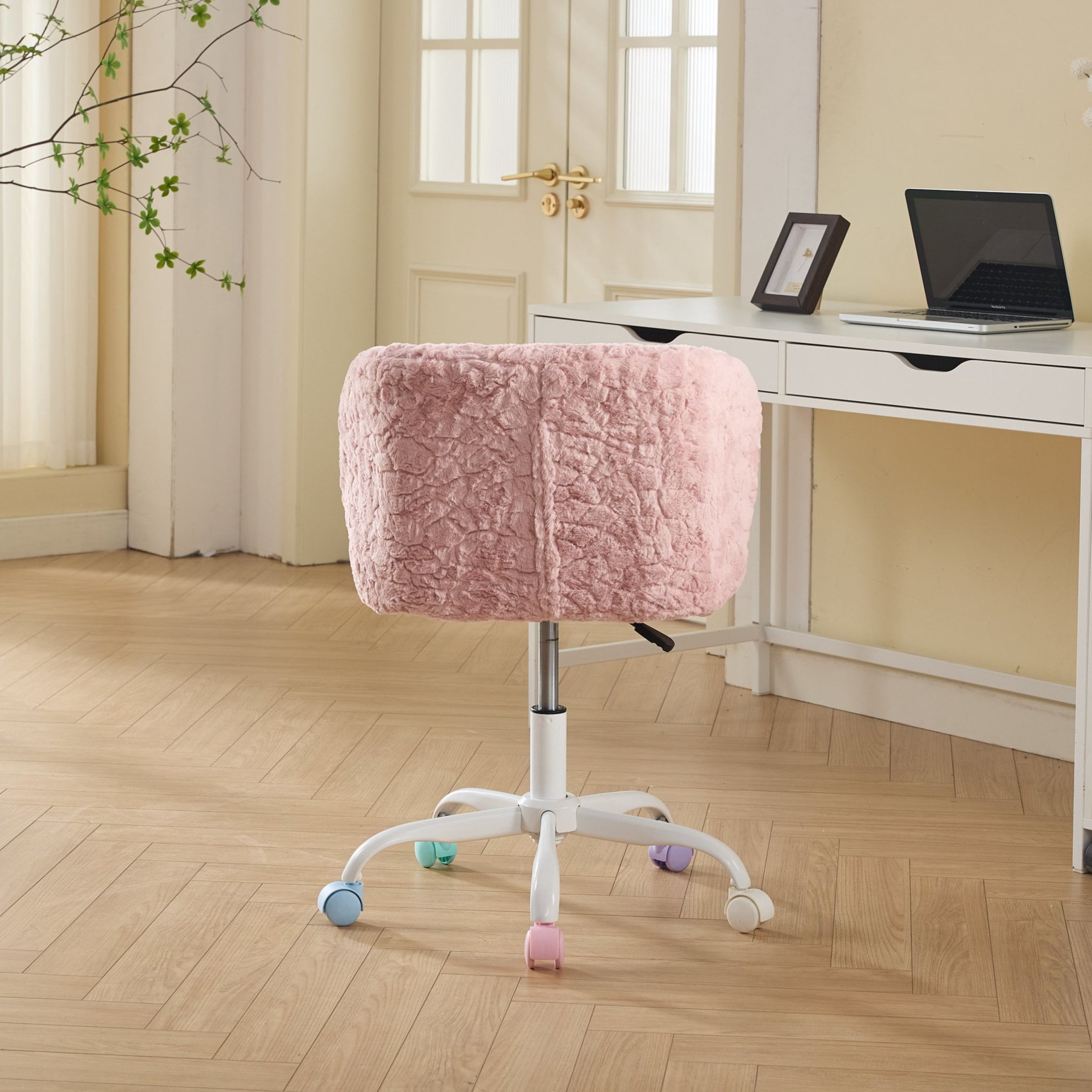 GDF Studio 22.5"W Faux Fur Office Chair with Adjustable Height, Swivel Metal Base, Pink