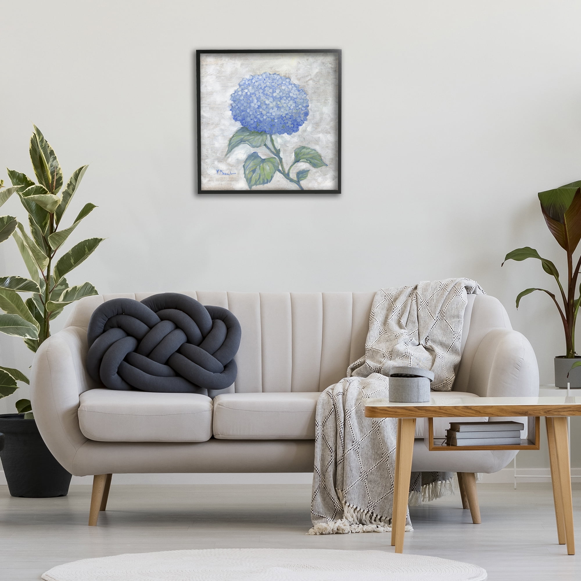 Stupell Industries Round Blue Country Hydrangea Floral Painting Black Framed Art Print Wall Art, 24 x 24