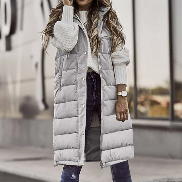LOVZFMLL Jackets for Women's Solid Color Hooded-Breasted Mid-length Padded Sleeveless Pocket Jacket