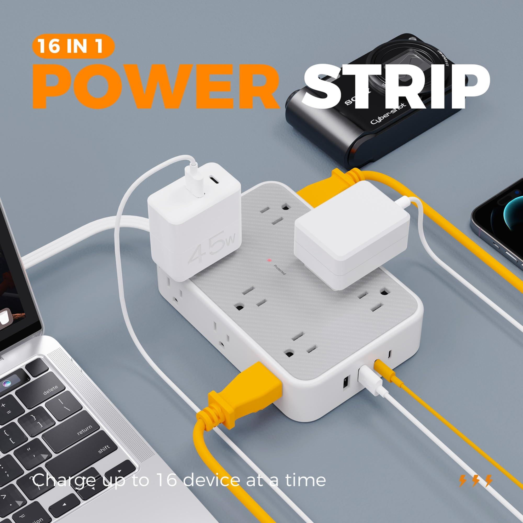 Surge Protector Power Strip  5ft Flat Extension Cord With Multiple Outlets 12 Outlet Extender 4 Usb (2 Usb-c) Plug 1800j Protection Office Dorm