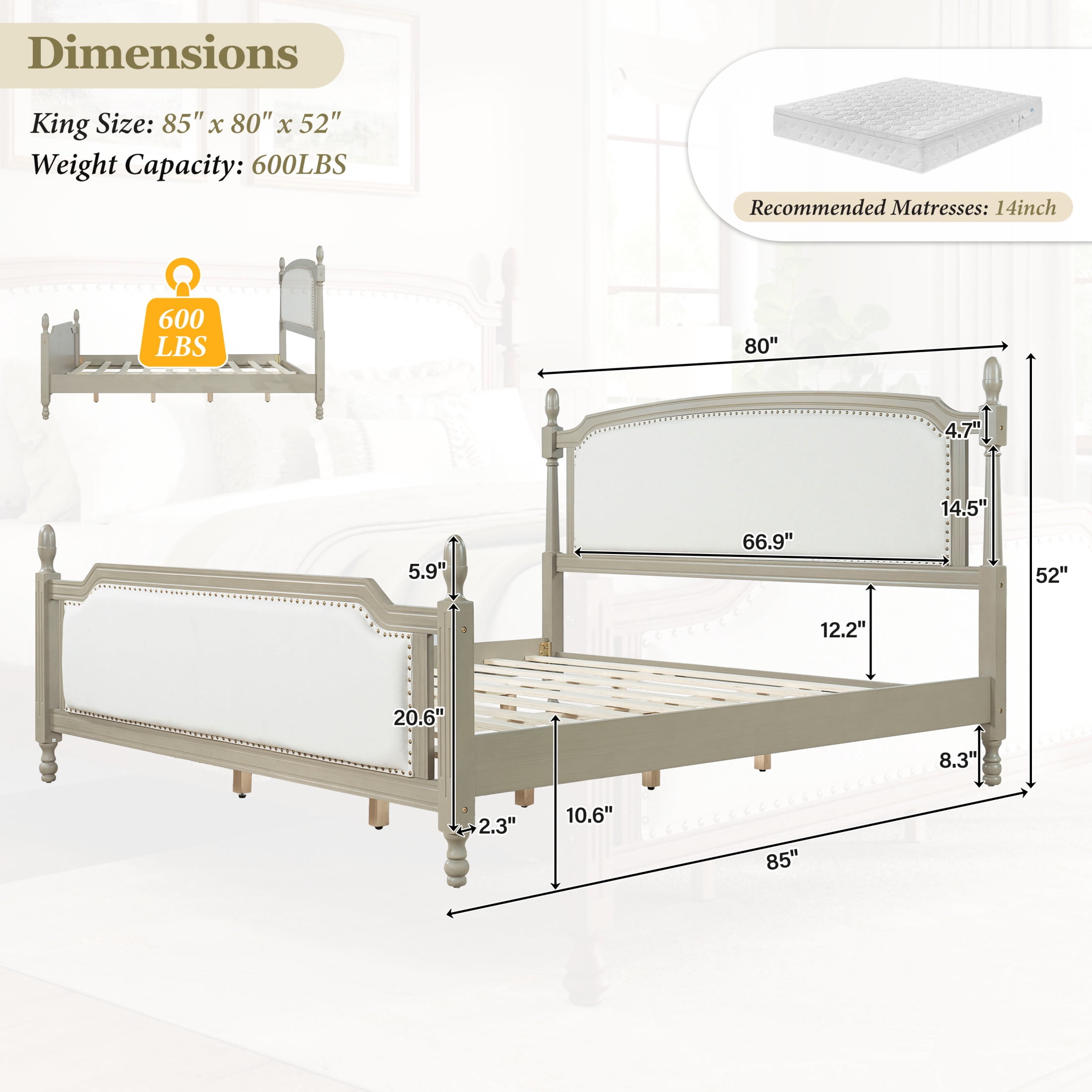 Christopher Knight Home Classic Upholstered Platform Bed Frame with 4 Posters, Nailhead Trim, King, Driftwood Gray