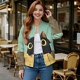 thumbnail image 2 of Xoenoiee Women Bomber Jacket with Pockets Stand Collar Cropped Coat Lightweight Zip Up Jacket Streetwear for Fall Winter, Cartoon Cat Green, 4X-Large, 2 of 7
