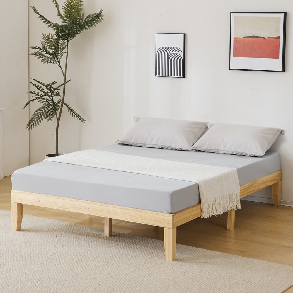 IVV 12 Inch Solid Pine Platform Bed Frame, Queen Size Sturdy Bed Frame with Wood Slat Support, No Box Spring Needed, Natural