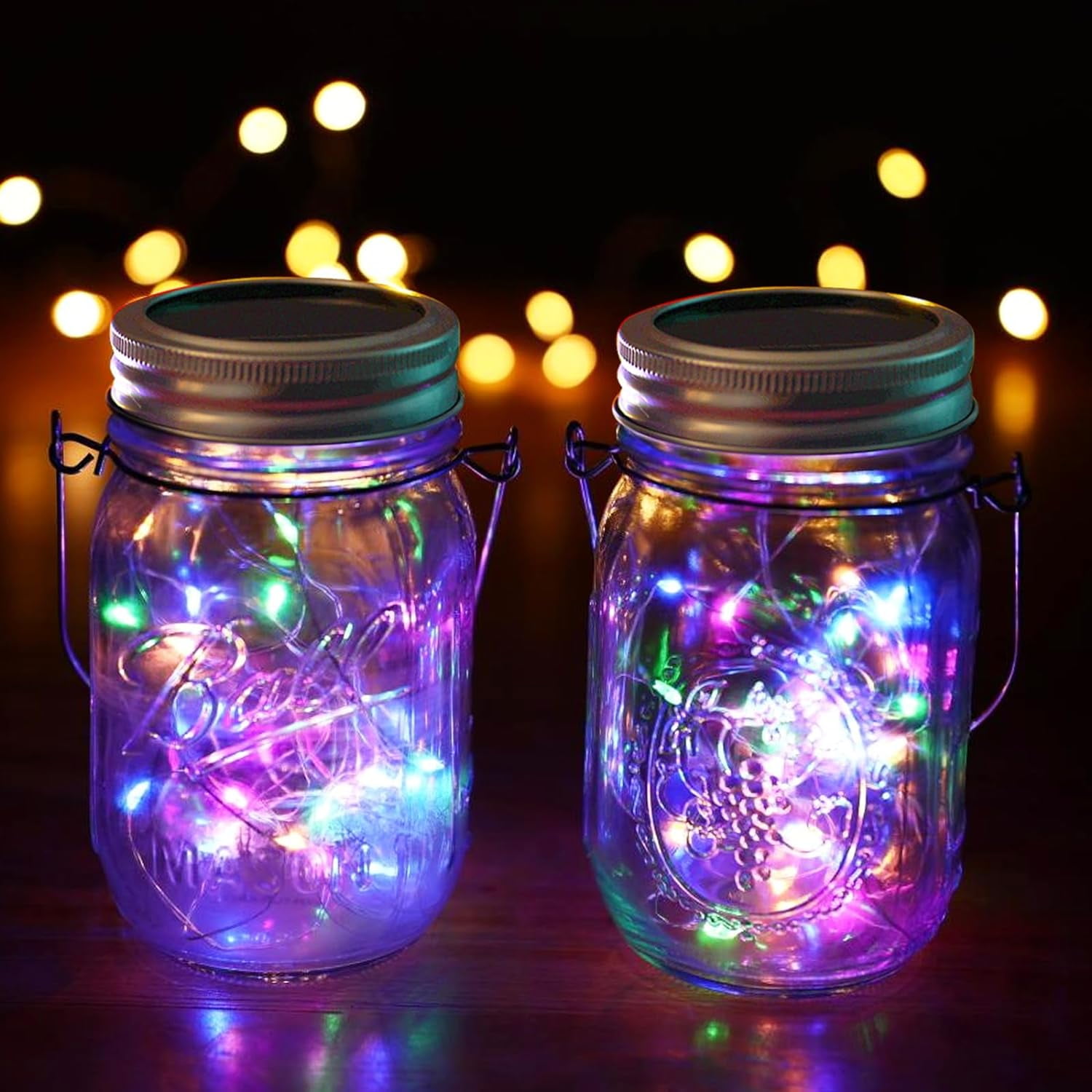Soapow 6Pcs Solar Mason Jar Lights Lids for Outside, 30 LED Outdoor Hanging Solar Fairy Lights with 6 Handles for Garden Patio Porch Lawn Yard Fence Wedding Table, Multicolor (No Jars)