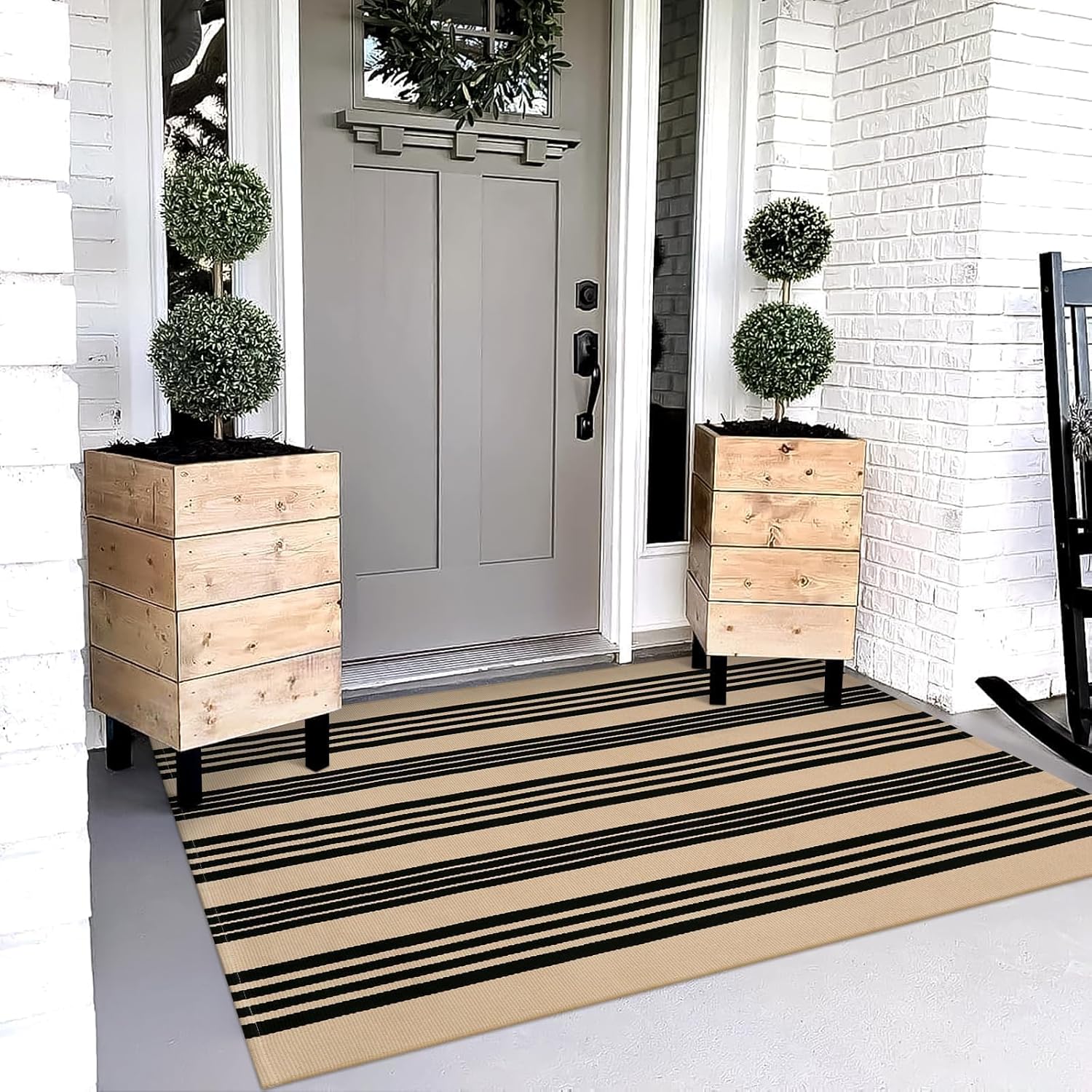 Xwl Outdoor Rug 3'x5', Black and Tan Area Rug Machine Washable Rugs Cotton Hand Woven Entry Rug Indoor Outdoor Striped Carpet for Front Porch/Deck/Backyard/Camping/Outdoor Decor