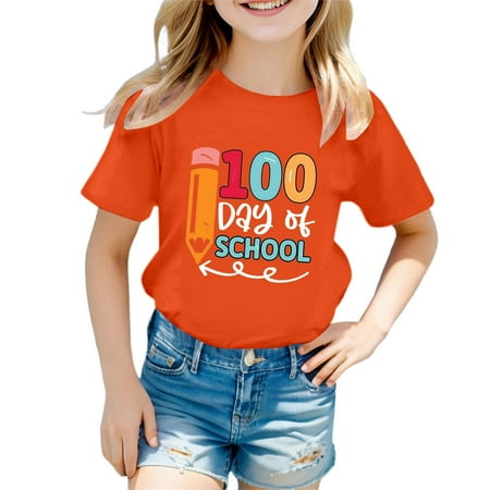 lnmuld Girls Back to School Casual Short Sleeve Tee Round Neck Comfort Basic Top Color:Orange Size:1-2 Years