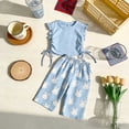 thumbnail image 4 of Girls 2PC Outfits Crop Ruffle Sleeve Ruched Side T-Shirts Rainbow Plaid Wide Leg Pants Sets Sky Blue 2-3 Years, 4 of 7