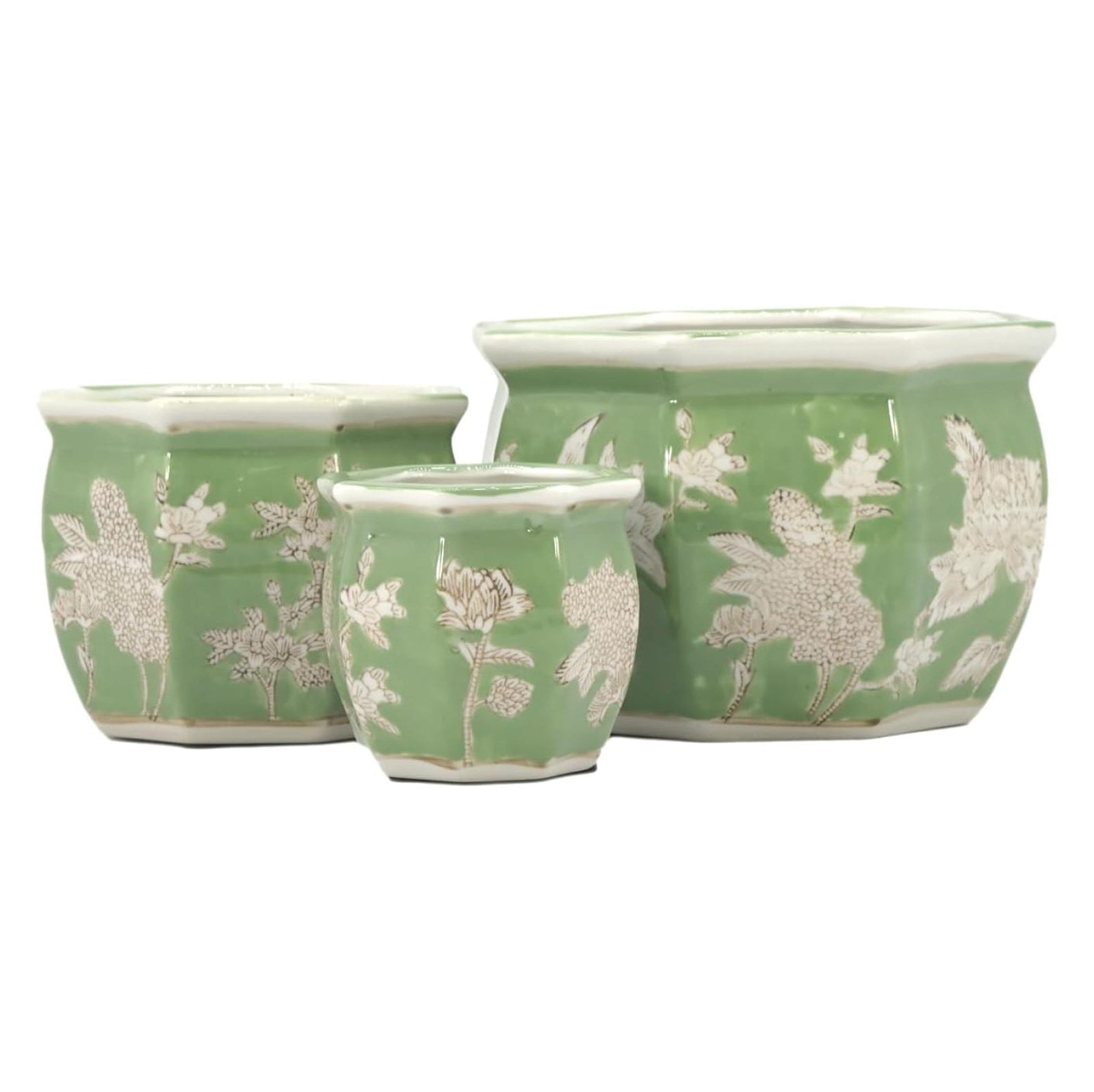 Green & White Floral Porcelain Ceramic Decorative Flower Pot 8"/6"/4.5" Garden Pots Chinese Asian Design - Set of 3 Green Fluted