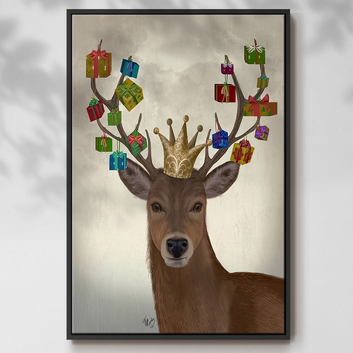 Christmas Gift Bearing Deer - Framed Gallery Wrapped Holiday Canvas - 25 x 37 - Black Frame