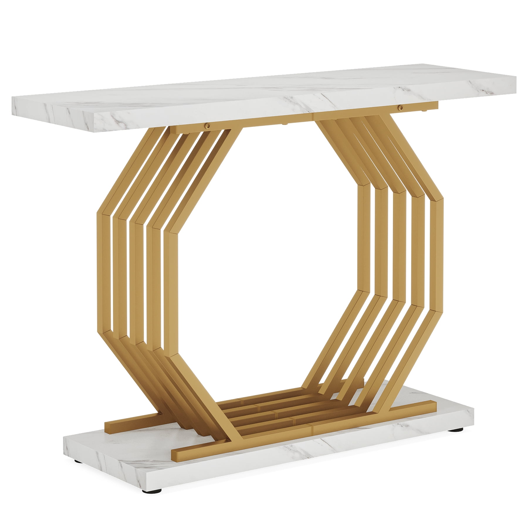 Fnova 40" Console Table, Faux Marble Entryway Table, Narrow Sofa Table with Geometric Metal Frame, Modern Accent Table for Living Room, Hallway, Foyer