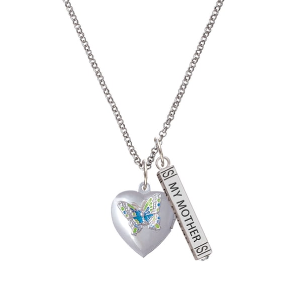 Delight Jewelry Silvertone Lime Green & Hot Blue Butterfly Locket Silvertone Always My Mother Bar Charm Necklace, 23"