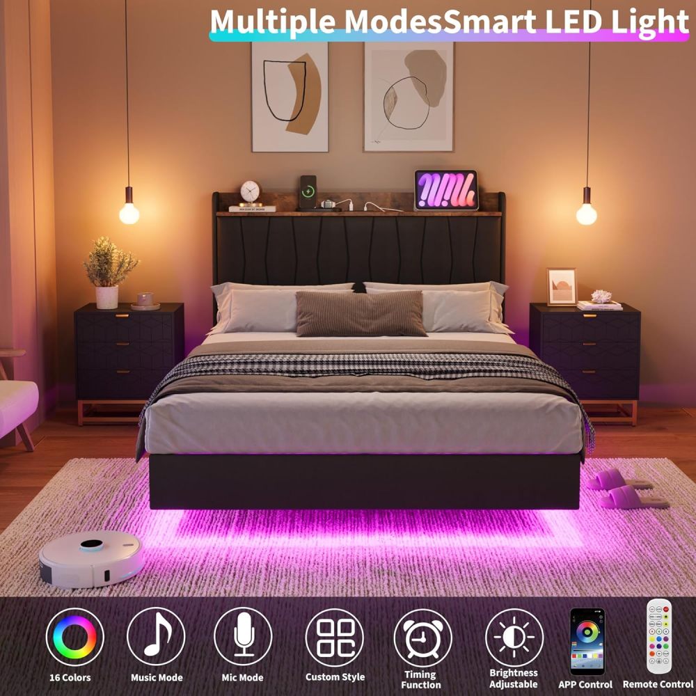 Eastvita Full/Queen/King Size Bed Frame, Floating Platform Bed with Headboard, LED Lights, Charging Ports, Modern Upholstered Bed Frame with Sturdy Wood Slats, No Box Spring Needed, Easy Assembly
