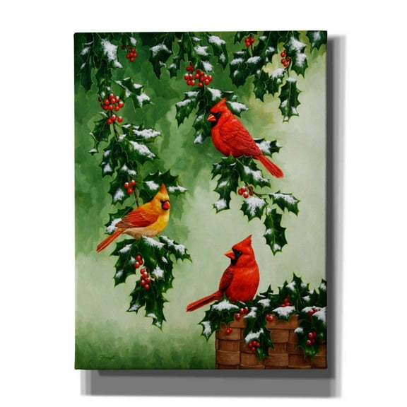 Epic Graffiti 'Cardinals Hollies with Snow' by Crista Forest, Canvas Wall Art, 12"x16"
