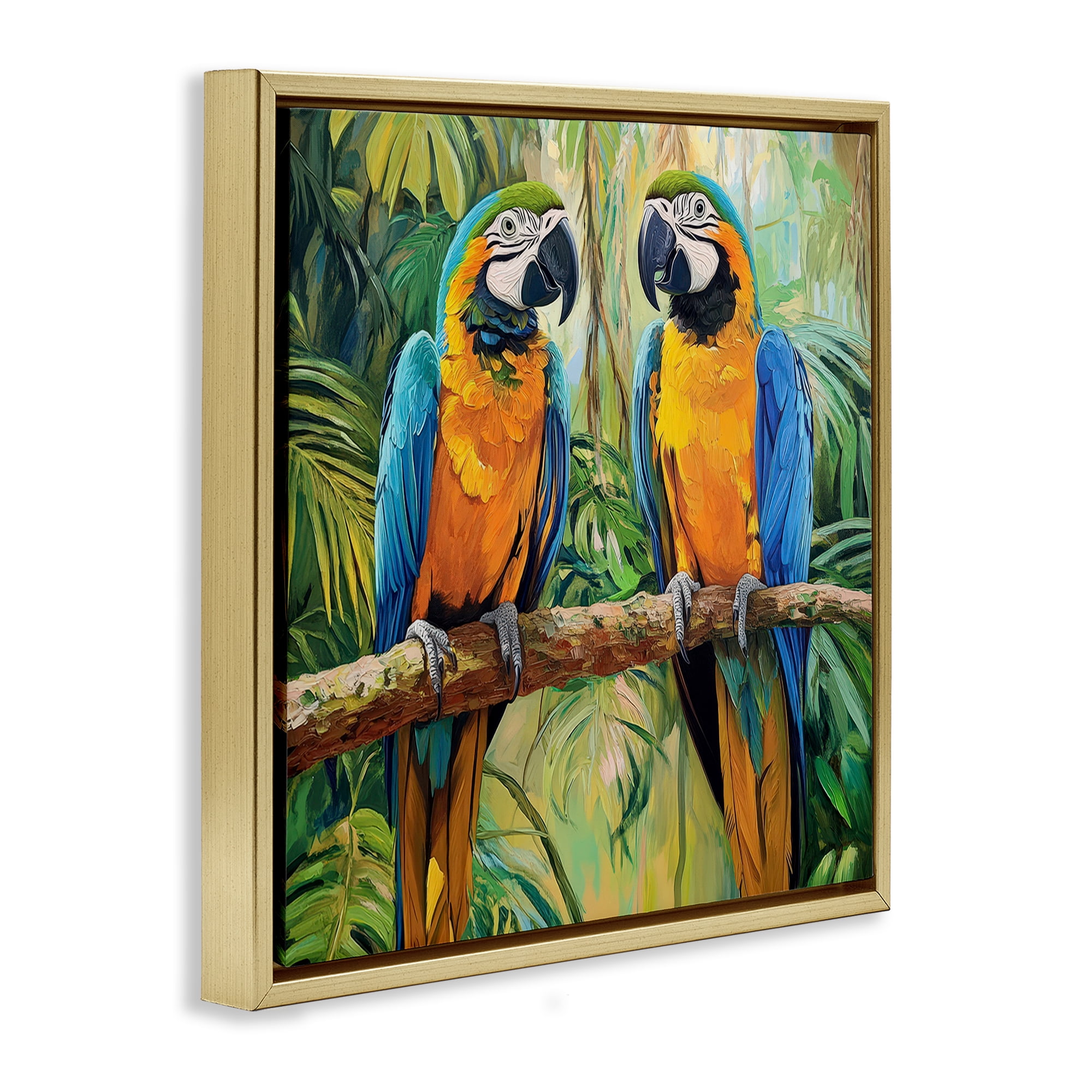 Stupell Industries Two Macaws Among Foliage Gold Framed Floater Canvas Wall Art, design by Petal Prints Design