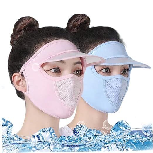 Ice Silk Full Face Mask, Full Face Protection Sun Hat, Ice Silk UV Protection Sunscreen with Eye Shield for Girls Hiking 2PCS