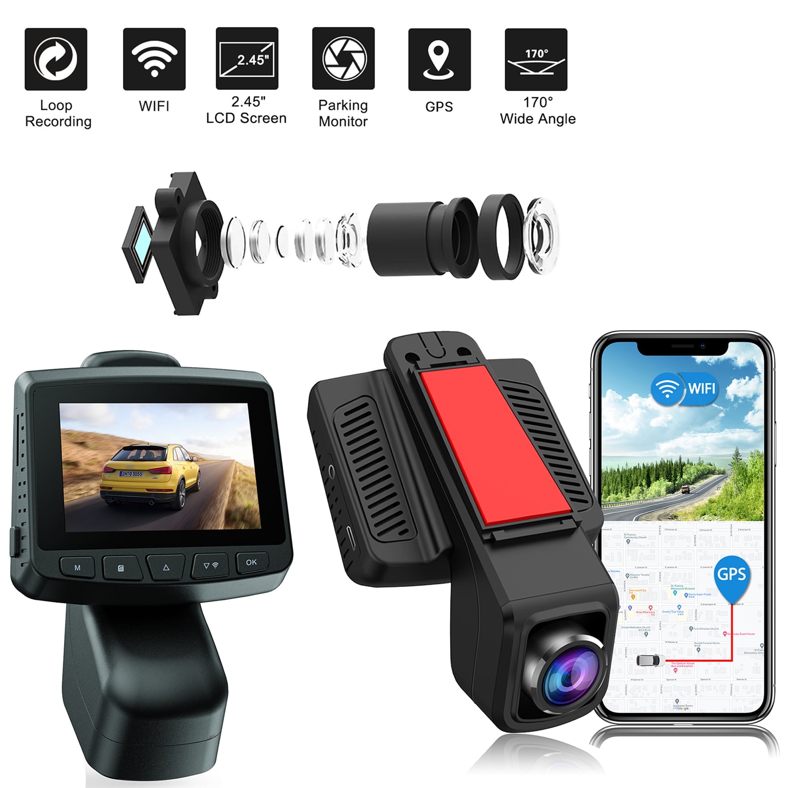 asiatisk Ingen måde ønskelig TOGUARD FHD 1080P Wi-Fi GPS Dash Cam, Mini Car DVR Dash Camera, 2.45" WDR Car  Camera Black - Walmart.com