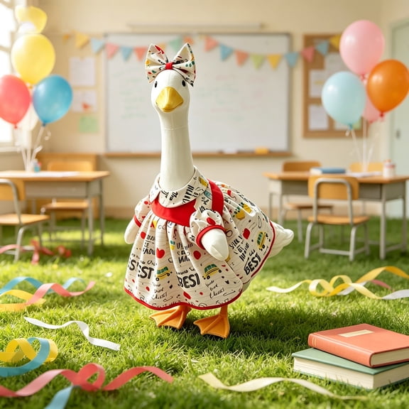 Fmbmuo Porch Goose Outfits White Back to School 23" Outdoor Decor, Polyester Waterproof, Tropical Porch Goose Dress for Lawns Yard Patio Decorations
