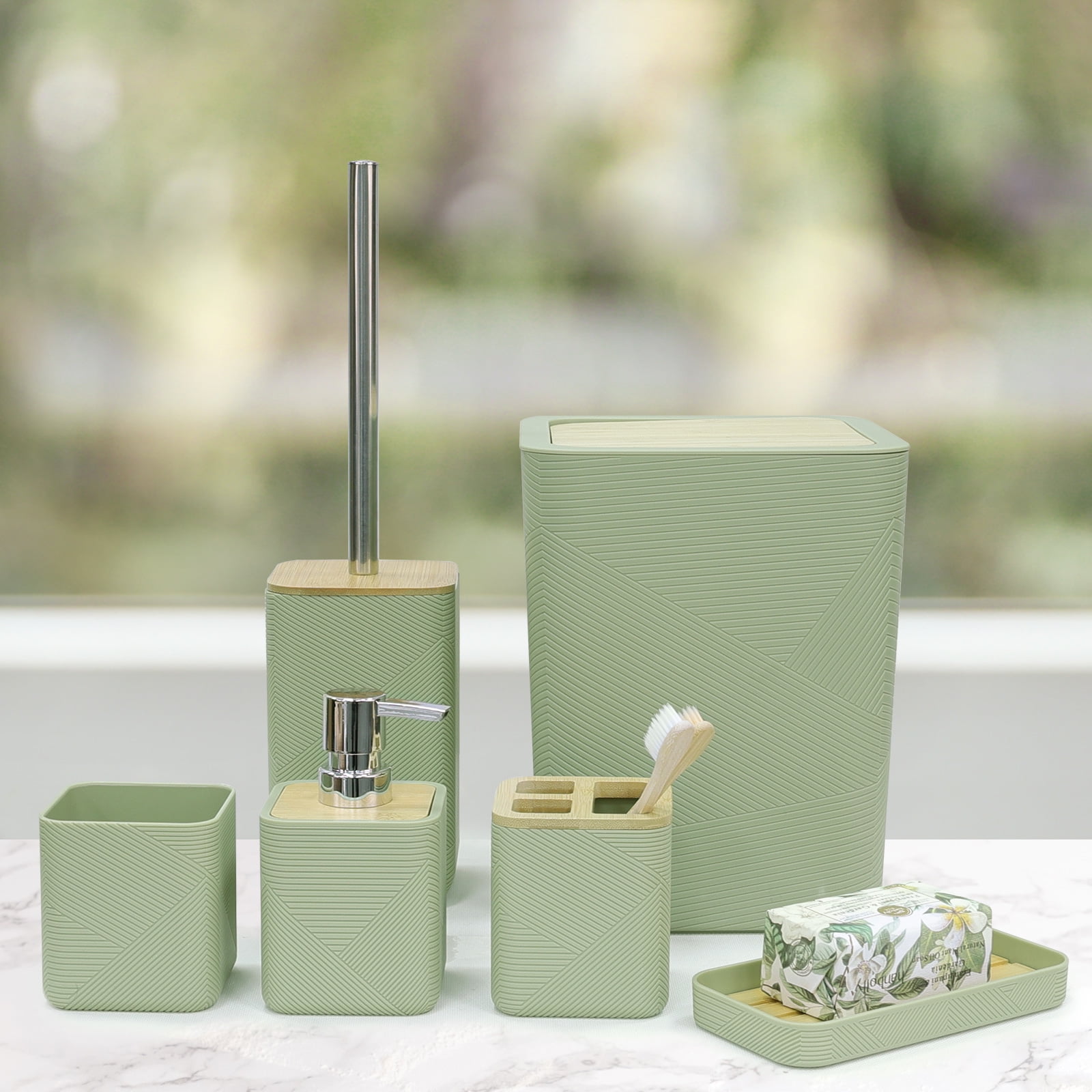 CERBIOR Bathroom Accessories Set 6 Piece Bamboo Bath Ensemble Includes Soap Dispenser, Toothbrush Holder, Toothbrush Cup, Soap Dish for Decorative Countertop and Housewarming Gift, Green