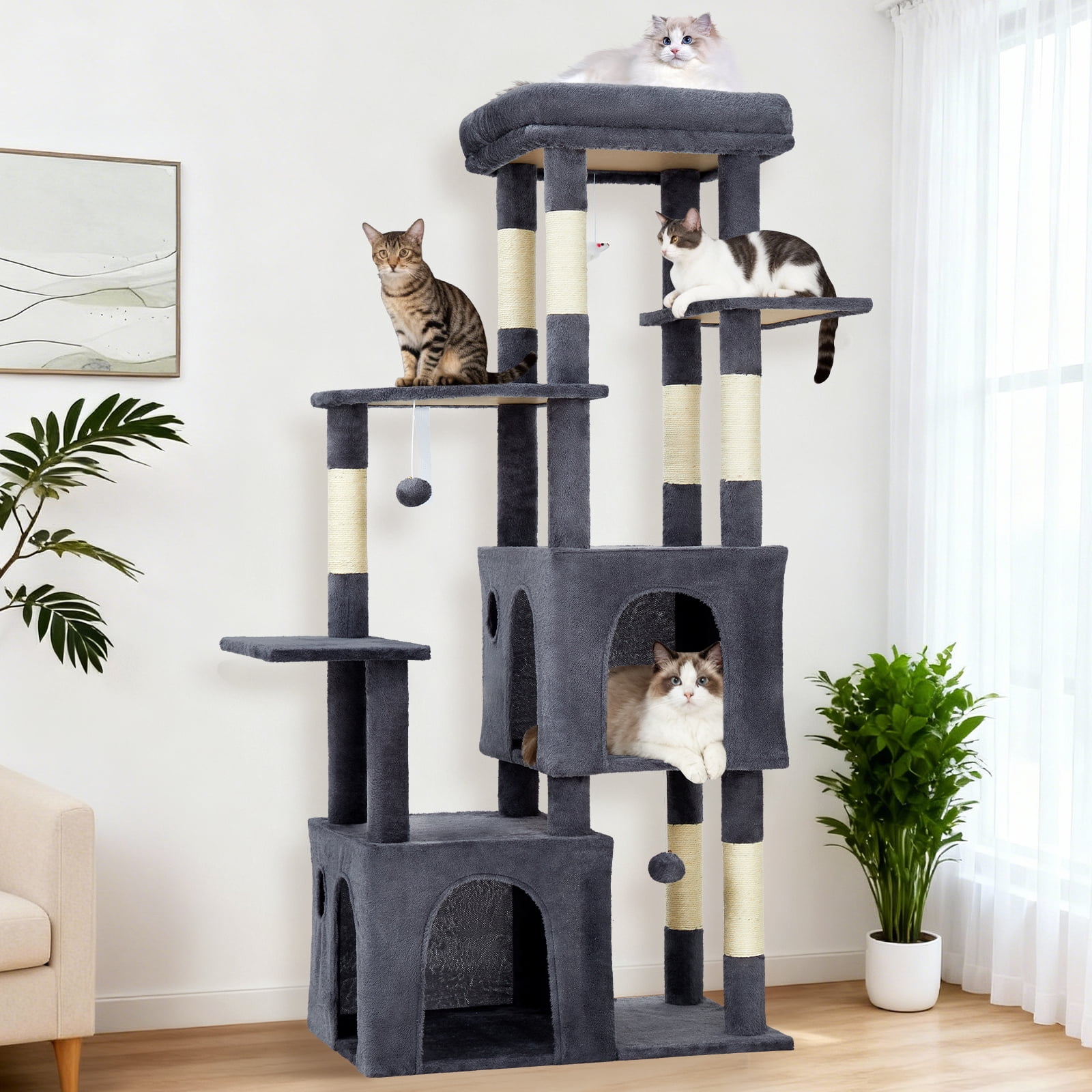 Babevy 61" Maine Coon Cat Tree, Heavy-Duty Tower with Extra-Large Perch, 2 Condos & 7 Sisal Scratching Posts for Large Indoor Cats