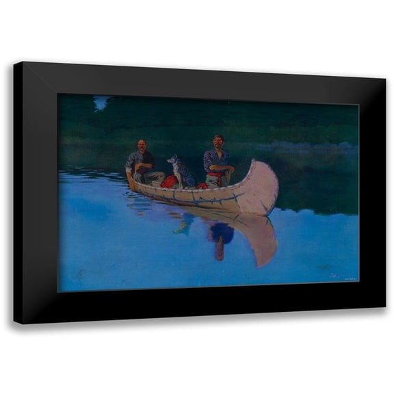 Remington, Frederic 14x11 Black Modern Framed Museum Art Print Titled - Evening On A Canadian Lake-Two men and a dog in a canoe