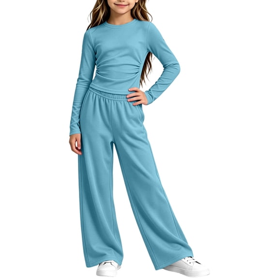 Girls Lounge Outfits 2 Piece Set Crew Neck Long Sleeve Pleated Slim Tops Wide Leg Pants Fall Winter Fashion Clothes (14-15Years, Blue)