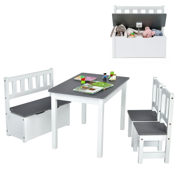 Costway 4 PCS Kids Wooden Activity Table & Chairs Set with Storage Bench Study Desk Grey