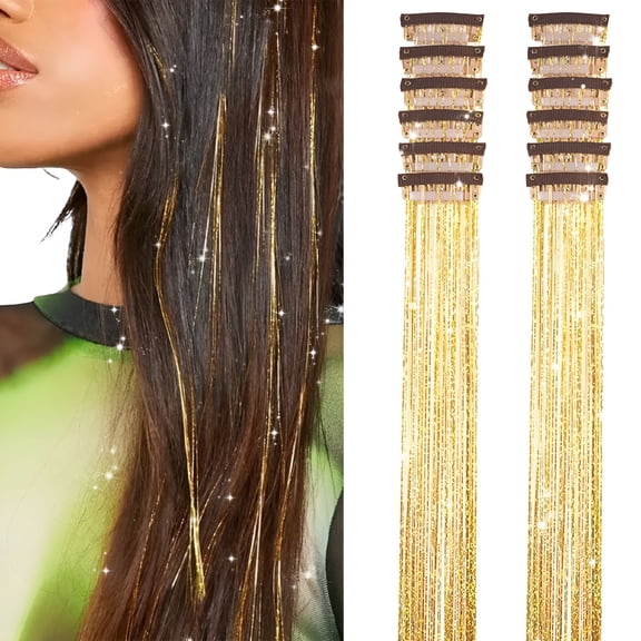 TUWAFE 2026 New Hair Tinsel Clip in Hair Tinsel 20 Inch Golden Glitter Tinsel Hair Extensions,Festival Tinsel Fairy Hair Extension Party Dazzle Hair Accessories Strands Kit(12Pcs,Golden)