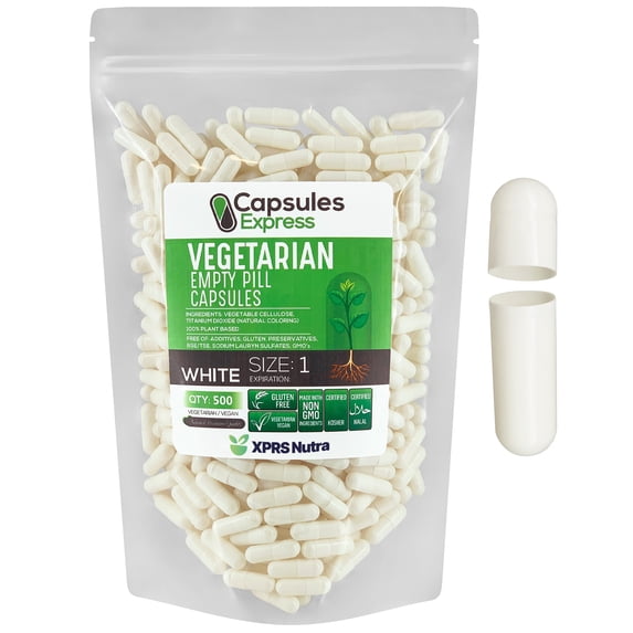XPRS Nutra Size 1 White Empty Vegan Capsules 500 Count - Kosher and Halal - Vegetarian/Vegetable Pill Capsule - DIY Powder Filling- Veggie Pill Capsules Empty Caps Pills (500)