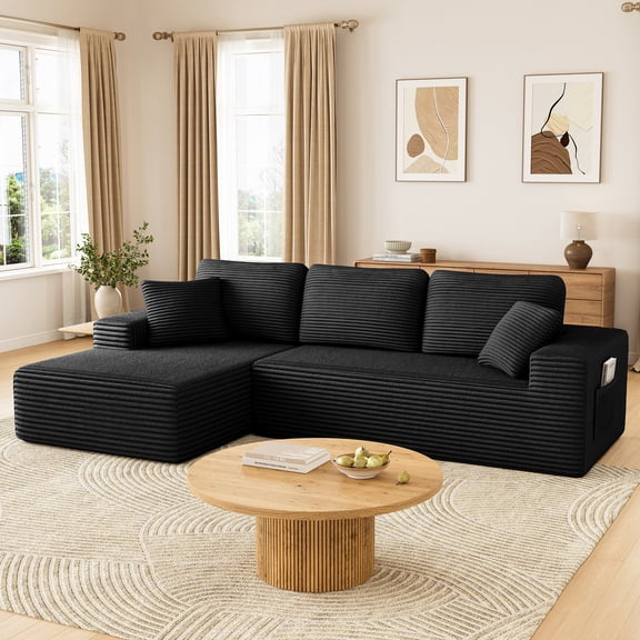 108" Boneless Sofa for Living Room, Neche Modern L-Shaped Corduroy Sectional, Modular Cloud Couch with Deep Seating Upholstered Sofa, Oversized,No Assembly, Black
