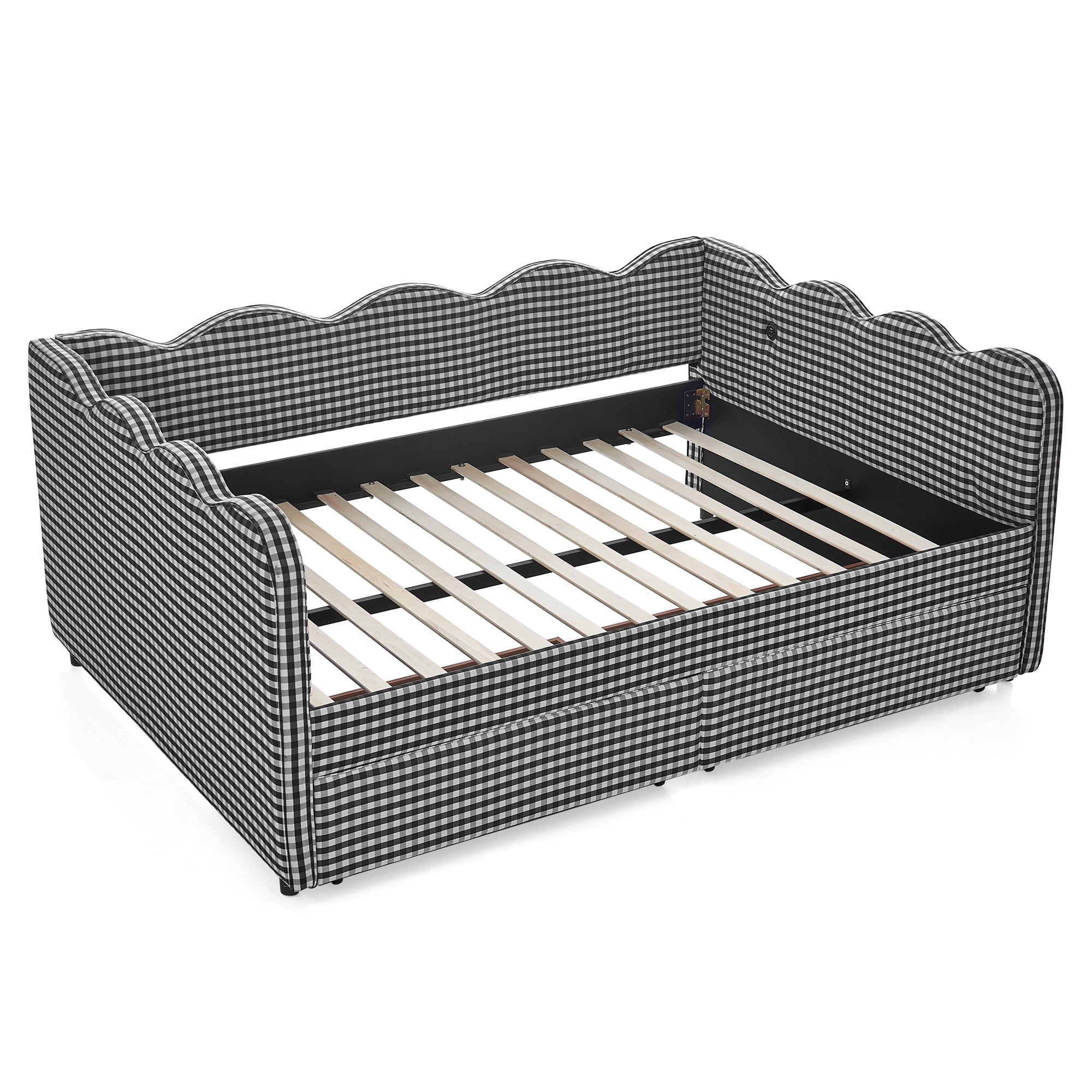Full Size Daybed with Storage Drawers and USB Port, Upholstered Linen Sofa Bed Frame with Wave Design, Kids Guest Bed for Bedroom Living Room, Black
