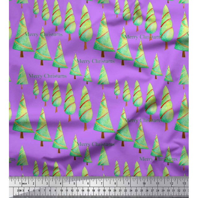 Soimoi Purple polyester Crepe Fabric Text & Christmas Tree Print Sewing Fabric Yard 52 Inch Wide
