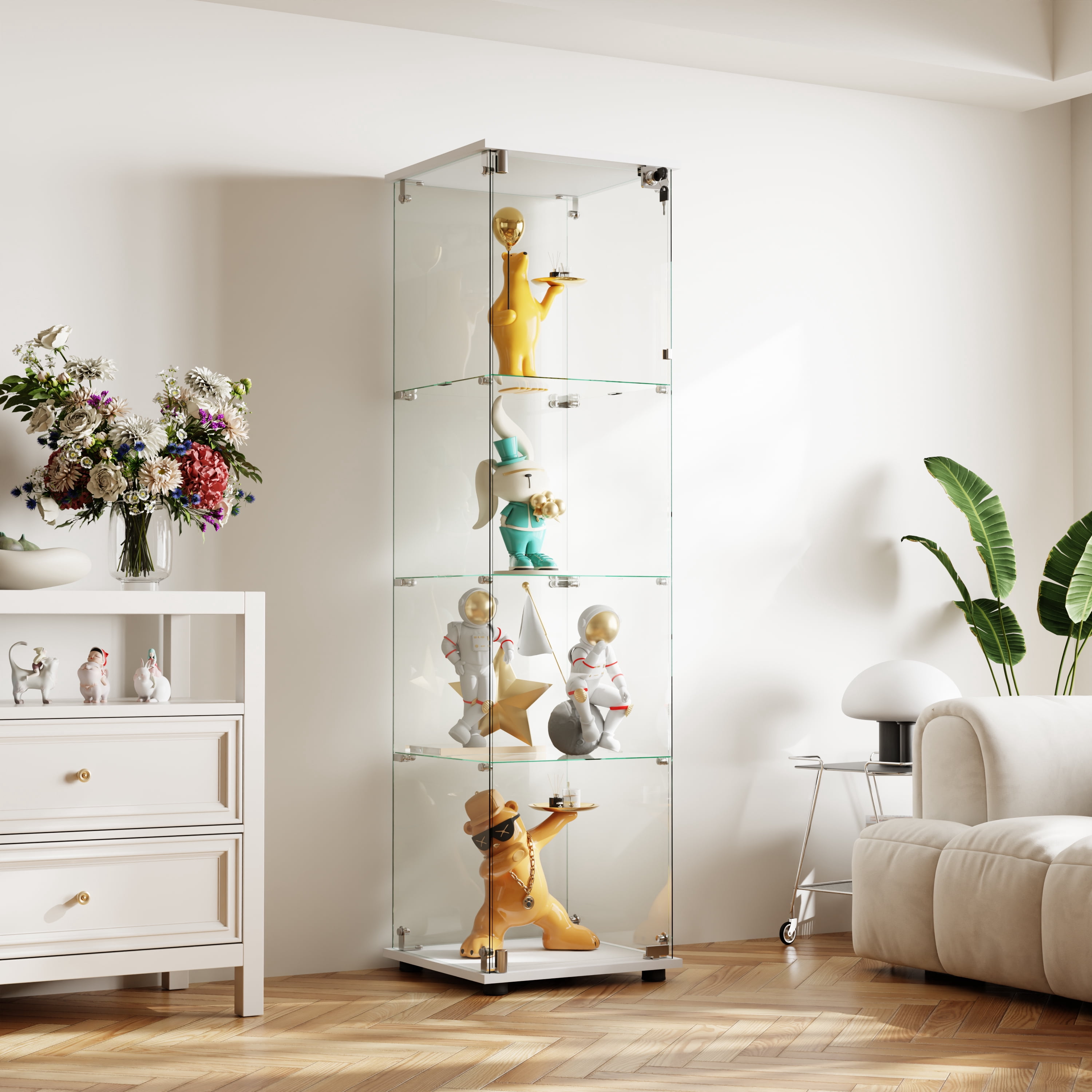 BEAUTYPEAK 64" Display Cabinet with Glass Doors,4-Tier Single-Door Curio Cases with White Panels