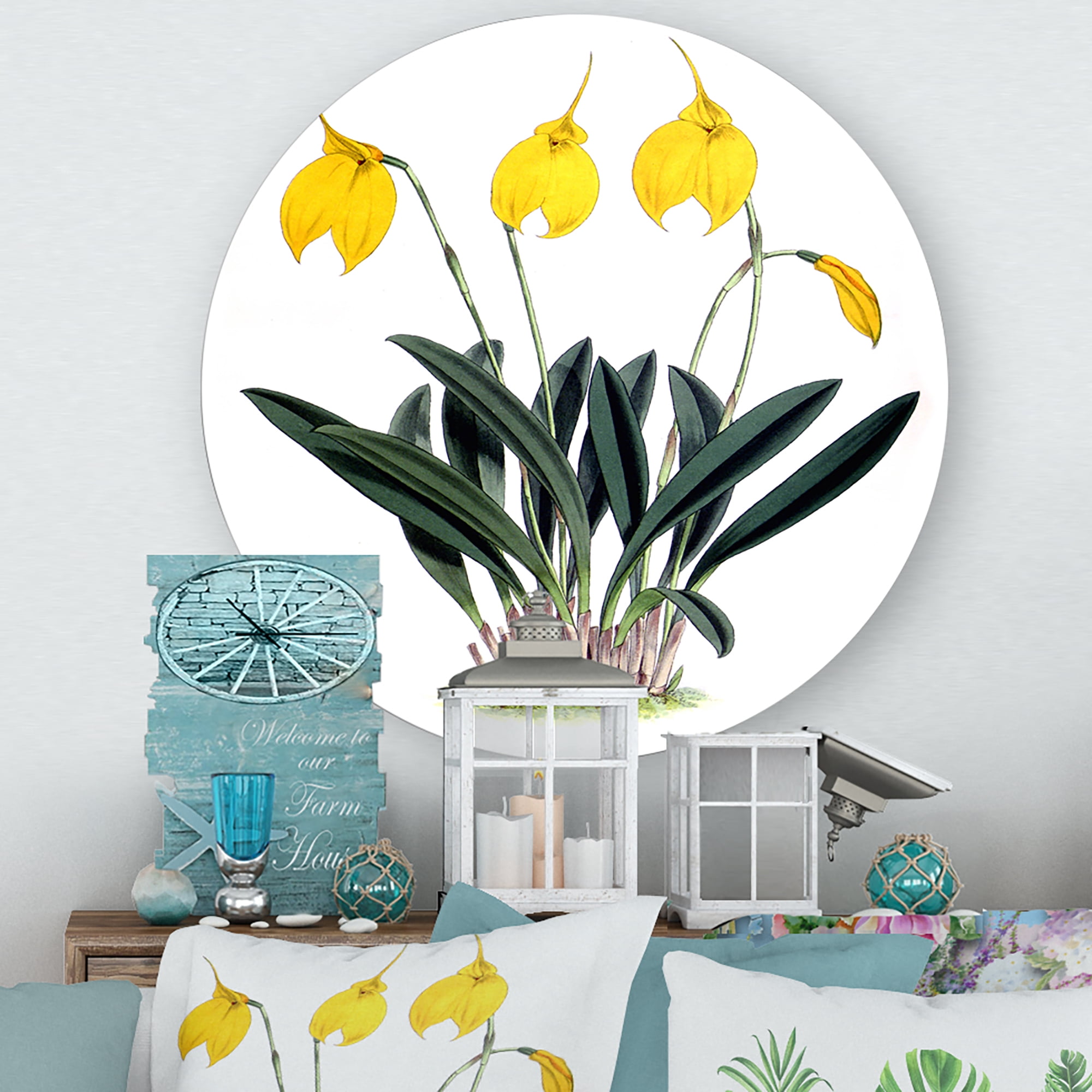 Designart 'Orchid Retro Flowers' Farmhouse Circle Metal Wall Art 23x23 - Disc of 23