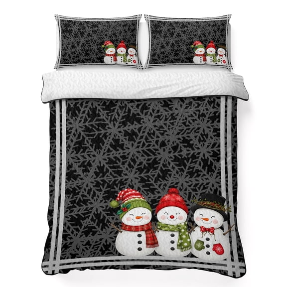 Quilts Queen Size Bedding Set, Black Christmas Snowflakes Lightweight Quilted Comforter, Winter Xmas Cute Snowman Plaid Soft Reversible Bedspread Coverlet with Pillow Covers for All Season, 90" x 96"