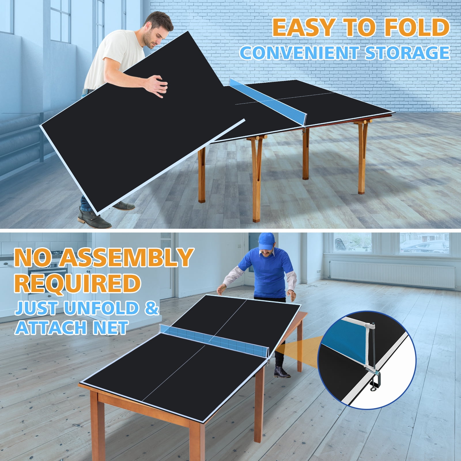 7*4ft Black Foldable Ping Pong Conversion Top, 12MM MDF Portable Table Tennis Top with Net & 12 EVA Pads, Single Side Upright for Indoor Games