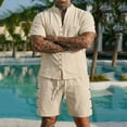 thumbnail image 2 of Bovxnpu Men 2 Piece Linen Set Beach Outfits Linen Men Short Sleeve Button Stand Collar Shirt Beach Set, 2 of 7