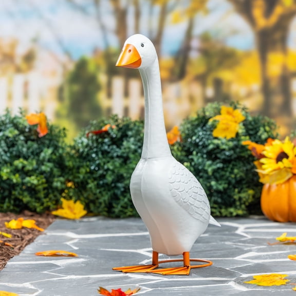 Giddy the Porch White Goose Statue Metal 21" Tall Indoor or Outdoor Decorative Figurine for Garden